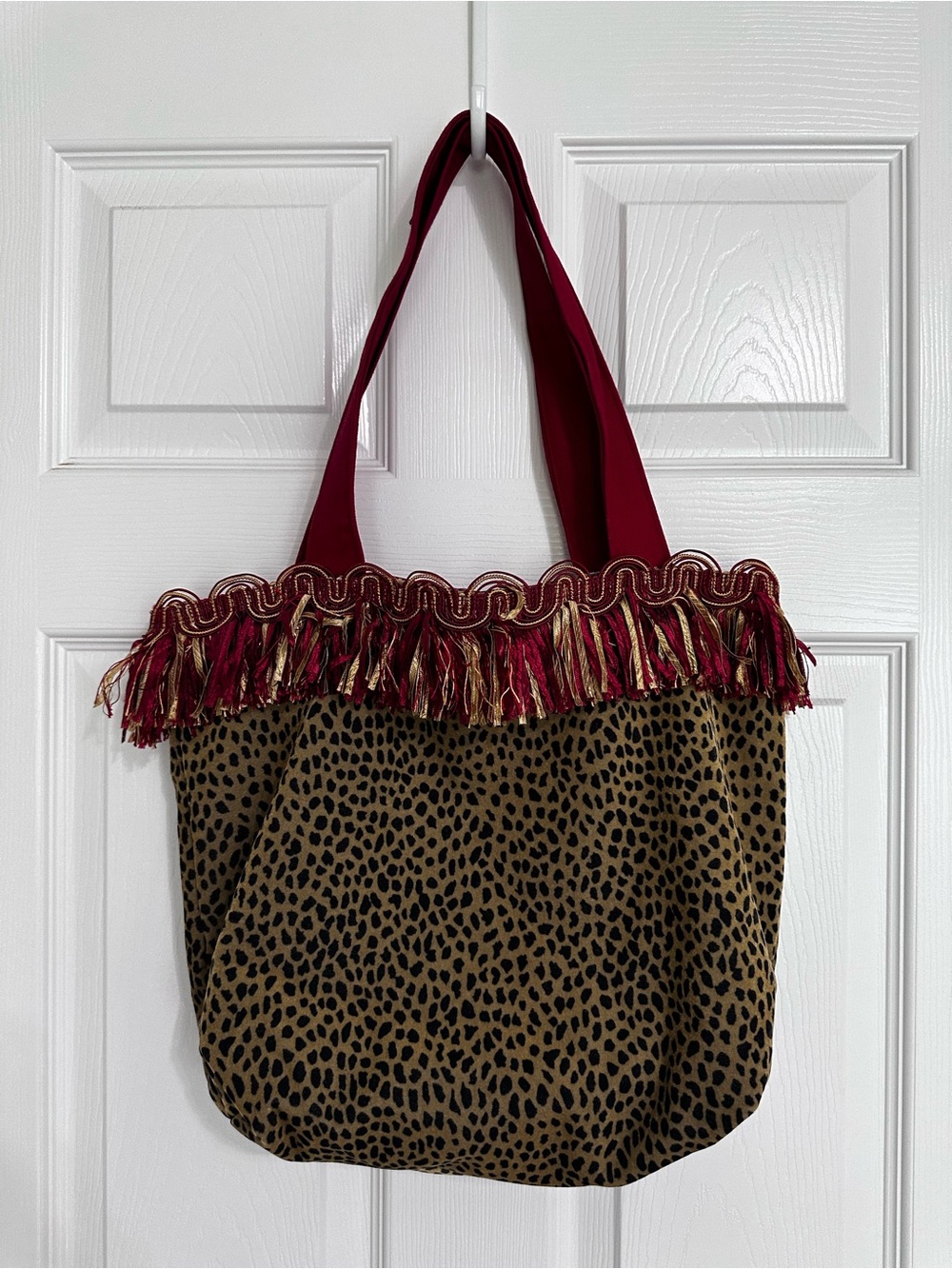 Leopard Print Tote with Burgundy Fringe Trim